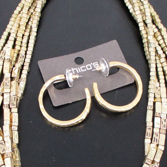 NWT Chicos Hammered Gold Tone Beaded Multi Strand Layered Necklace Hoop Earrings - Picture 2 of 7